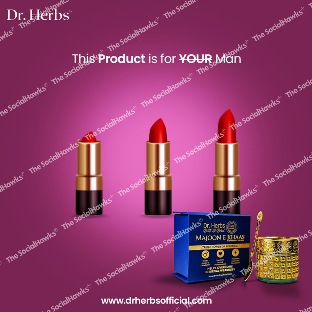 Dr Herbs Majoon E Khaas product ad with red lipsticks on purple background